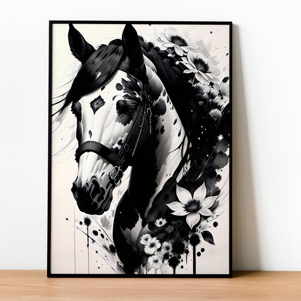 Whimsical Horse Art Digital Print of Beautiful Black & White Ink Drawing | Floral Accents | Equestrian Wall Decor | Nature Inspired Home Art