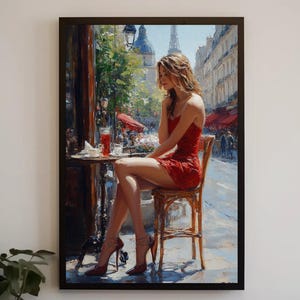 Paris Cafe Leinwand: Elegante Frau im roten Kleid, Pariser Ölmalerei-Stil