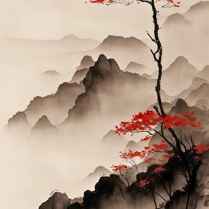 Vertical ink wash landscape canvas print with misty mountains, calm lake, and red autumn tree minimalist neutral wall art for modern Zen decor.