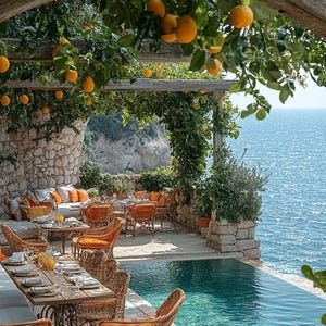 Canvas Wall Art, Italian Coastal Orange Tree Summer Decor, Mediterranean Terrace, Lemon Sea View Poster 1840