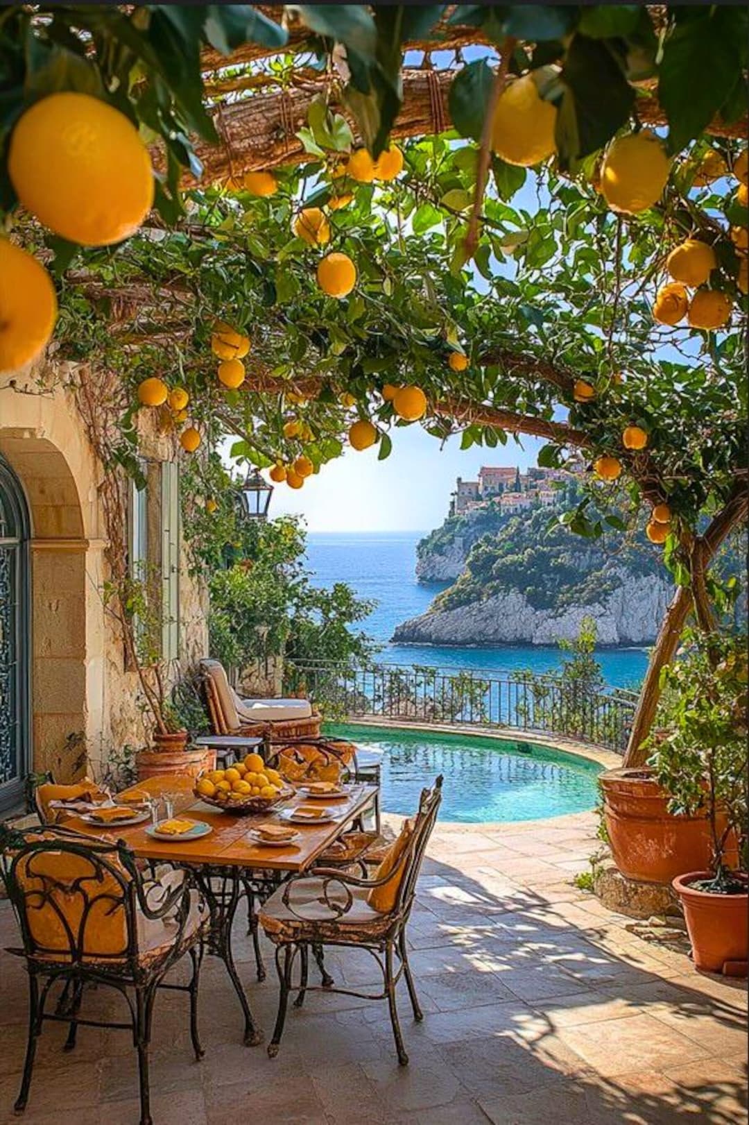 Italian Amalfi Style Coastal Canvas, Orange Tree, Summer Decor