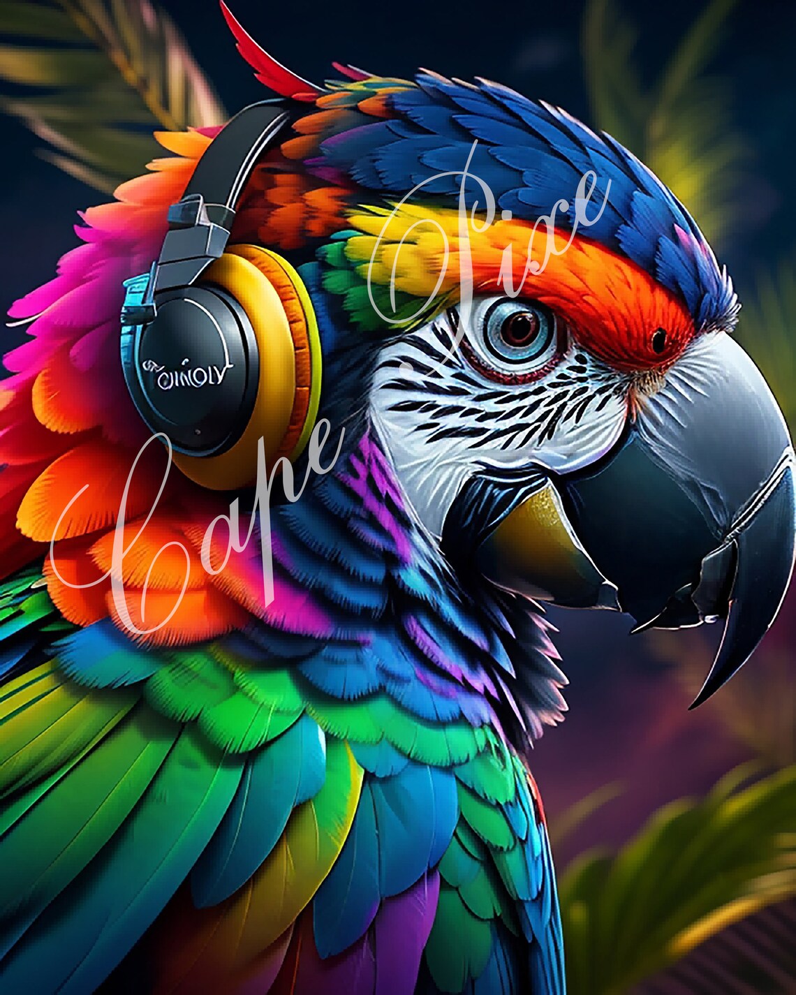 Funny Multicoloured Tropical Parrot With Headset,home Wall Decor ... - Colorful And Fun Parrot Wall Art
