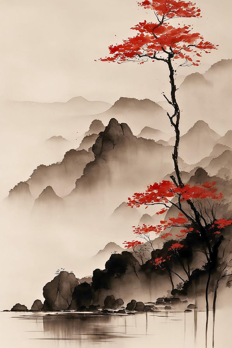Vertical ink wash landscape canvas print with misty mountains, calm lake, and red autumn tree minimalist neutral wall art for modern Zen decor.