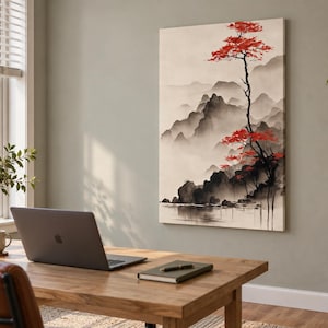 Vertical Japanese Landscape Canvas Print, Red Tree and Misty Mountains, Ink Wash Style Wall Art, Zen Japandi Decor 1000 image 5