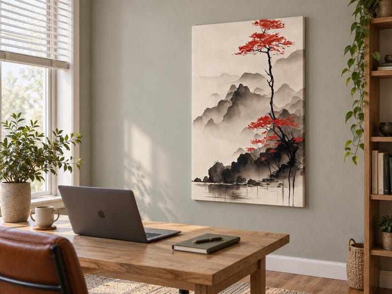 Vertical Japanese Landscape Canvas Print, Red Tree and Misty Mountains, Ink Wash Style Wall Art, Zen Japandi Decor 1000 image 5