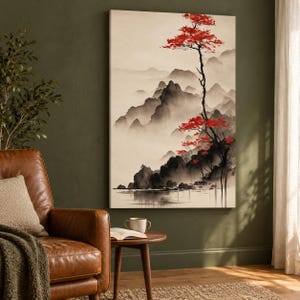 Vertical Japanese Landscape Canvas Print, Red Tree and Misty Mountains, Ink Wash Style Wall Art, Zen Japandi Decor 1000 image 7