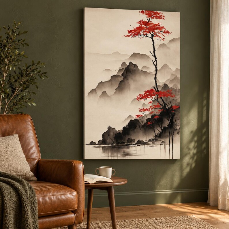 Vertical Japanese Landscape Canvas Print, Red Tree and Misty Mountains, Ink Wash Style Wall Art, Zen Japandi Decor 1000 image 7
