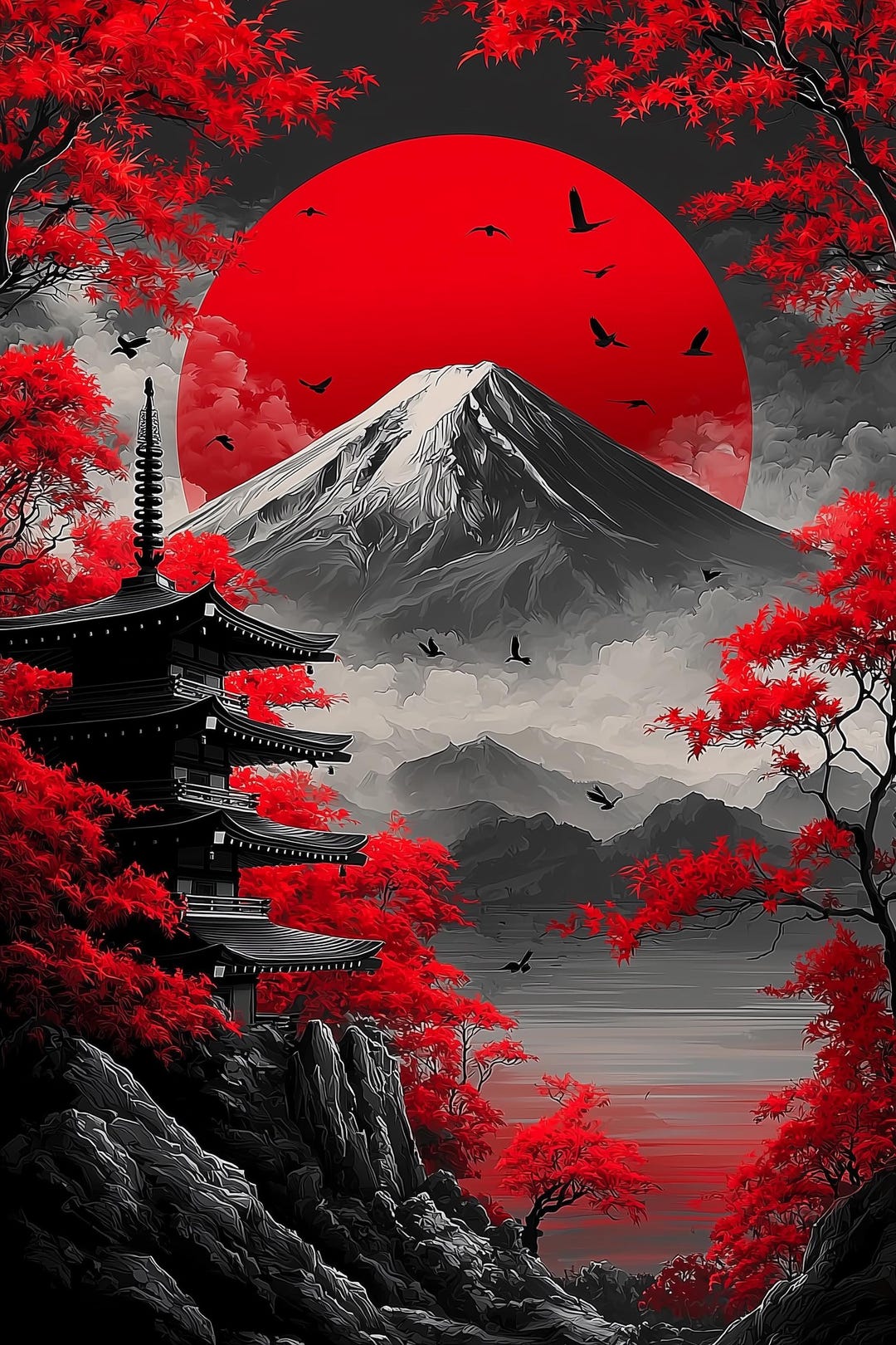 Japanese Wall Art Canvas, Mount Fuji Red Sun Print, Pagoda Landscape ...