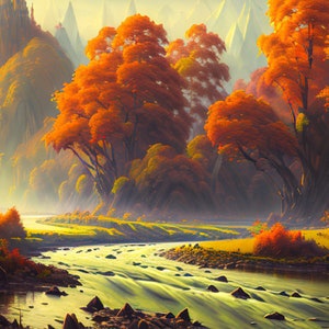 Vintage Style Autumn River Landscape Oil Paint, Rustic Wall Decor, DIGITAL PRINTABLE Wall Art #7