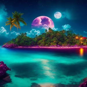 Magical Caribbean Tropical Island Night Time, Fantastic, Landscape Oil Paint, Rustic Wall Decor, DIGITAL PRINTABLE Art #17