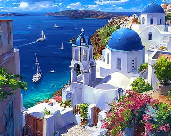 Santorini Greece Canvas Wall Art, Blue Dome Church Mediterranean, Aegean Sea Coastal Decor, Santorini Island Landscape, Oia Village 1887