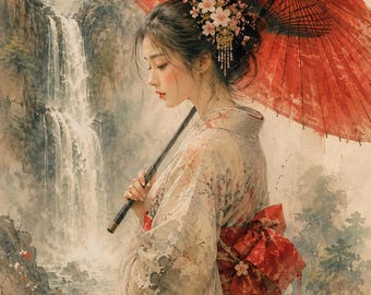 Japanese Geisha Canvas Print, Red Umbrella Wall Art, Asian Woman Watercolor Painting, Oriental Art Print, Zen Bedroom Decor 1905
