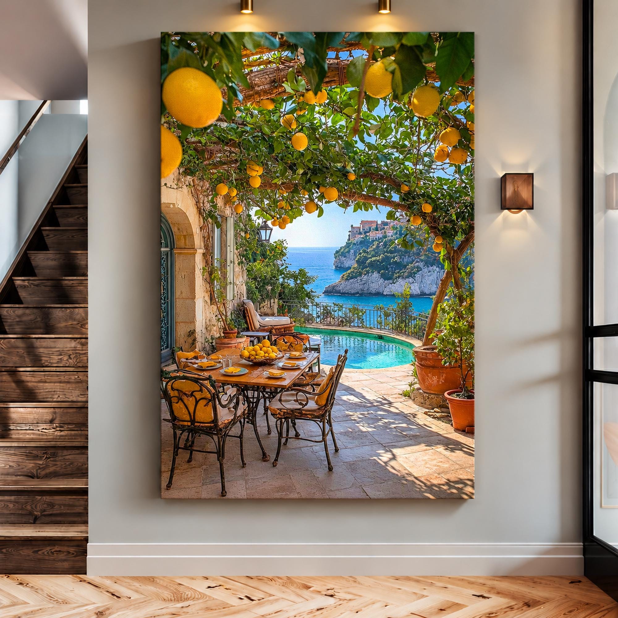 Amalfi Coast Lemon Terrace Canvas Wall Art, Mediterranean Sea View