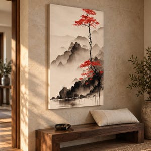Vertical Japanese Landscape Canvas Print, Red Tree and Misty Mountains, Ink Wash Style Wall Art, Zen Japandi Decor 1000 image 2