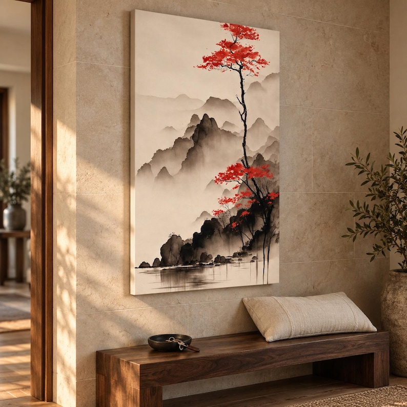 Vertical Japanese Landscape Canvas Print, Red Tree and Misty Mountains, Ink Wash Style Wall Art, Zen Japandi Decor 1000 image 2