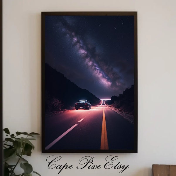 Midnight Driving, Countryside, Milkyway, Galaxy, Night Sky, Freedom, Cars, DIGITAL PRINTABLE Wall Art