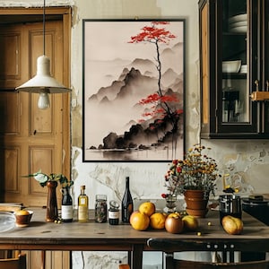 Vertical ink wash landscape canvas print with misty mountains, calm lake, and red autumn tree minimalist neutral wall art for modern Zen decor.