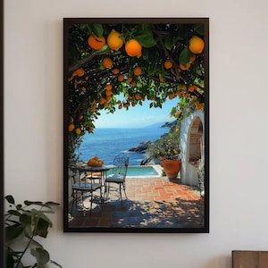 Italian Coastal Canvas, Orange Tree, Summer Decor,Mediterranean Terrace, Lemon Tree, Sea View, Wall Decor, Italian, Summer Poster 1830