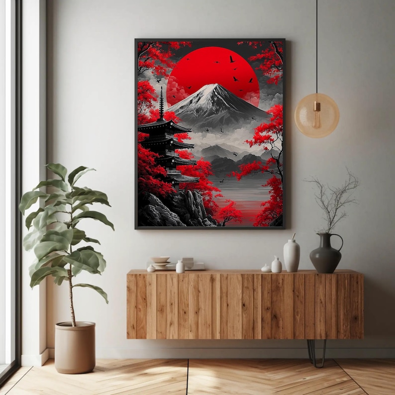 Japanese Wall Art Canvas, Mount Fuji Red Sun Print, Pagoda Landscape ...