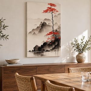 Vertical Japanese Landscape Canvas Print, Red Tree and Misty Mountains, Ink Wash Style Wall Art, Zen Japandi Decor 1000 image 6