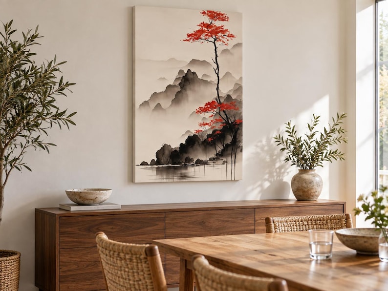 Vertical Japanese Landscape Canvas Print, Red Tree and Misty Mountains, Ink Wash Style Wall Art, Zen Japandi Decor 1000 image 6
