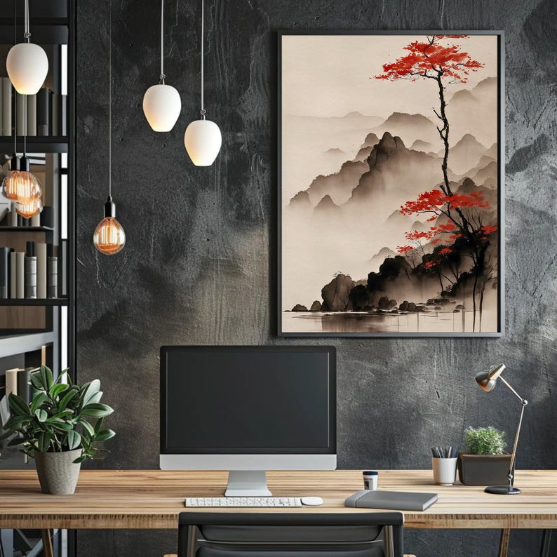 Vertical ink wash landscape canvas print with misty mountains, calm lake, and red autumn tree minimalist neutral wall art for modern Zen decor.
