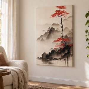 Vertical Japanese Landscape Canvas Print, Red Tree and Misty Mountains, Ink Wash Style Wall Art, Zen Japandi Decor 1000 image 3