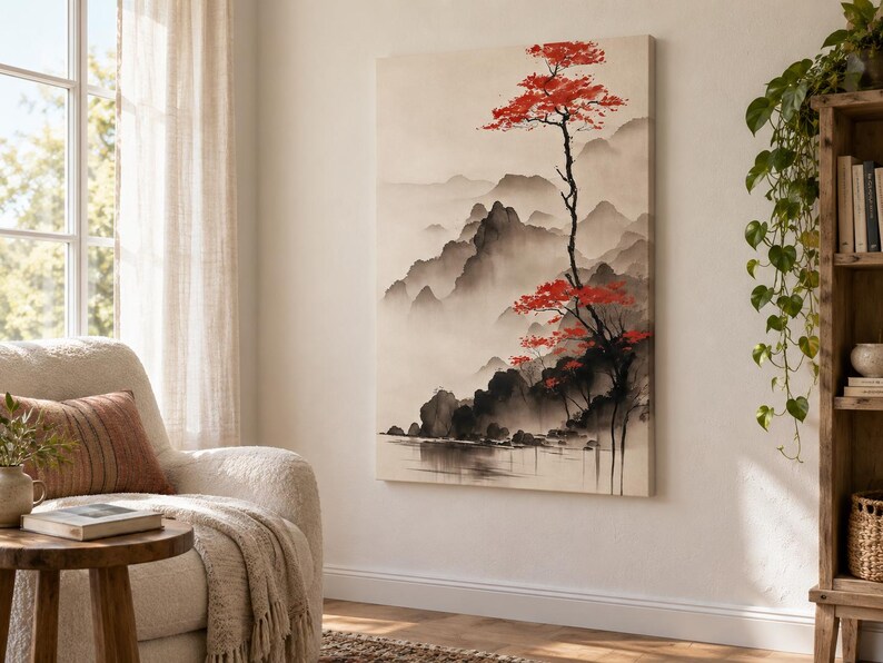 Vertical Japanese Landscape Canvas Print, Red Tree and Misty Mountains, Ink Wash Style Wall Art, Zen Japandi Decor 1000 image 3