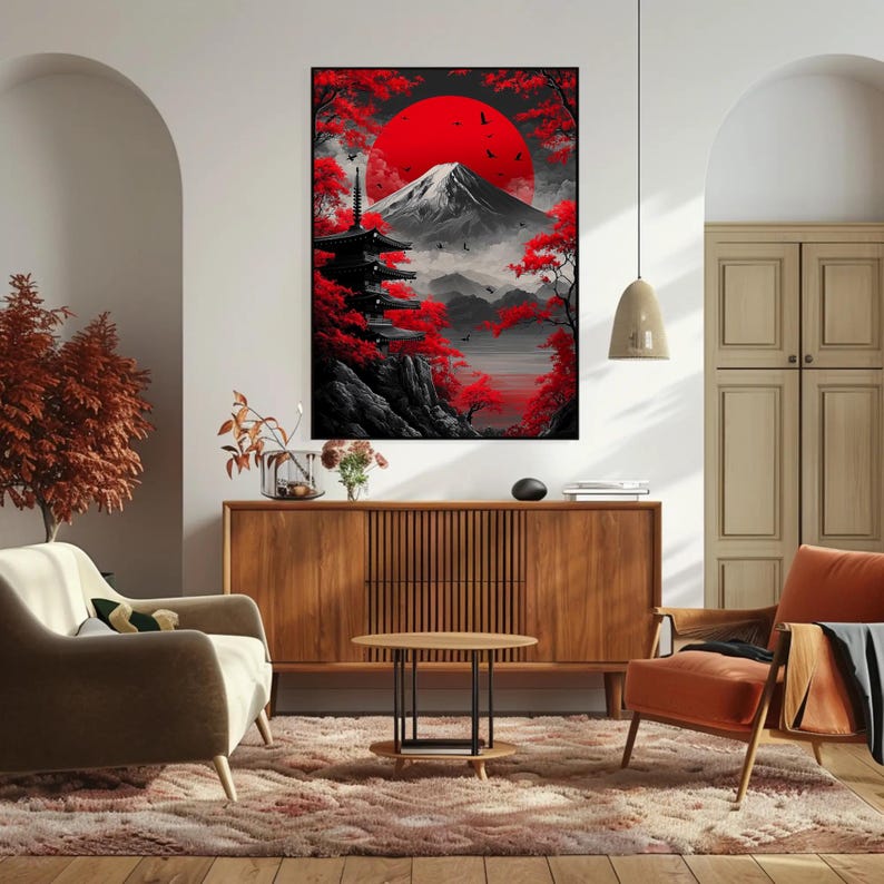 Japanese Wall Art Canvas, Mount Fuji Red Sun Print, Pagoda Landscape ...