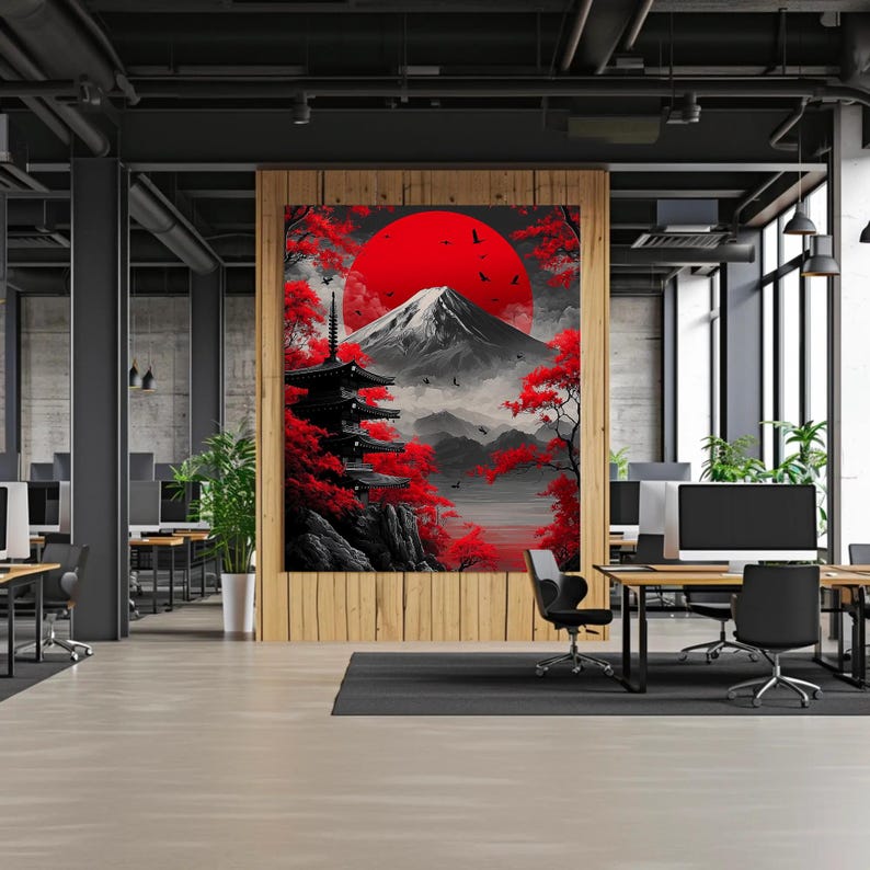 Japanese Wall Art Canvas, Mount Fuji Red Sun Print, Pagoda Landscape ...