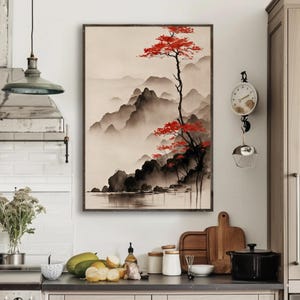 Vertical ink wash landscape canvas print with misty mountains, calm lake, and red autumn tree minimalist neutral wall art for modern Zen decor.