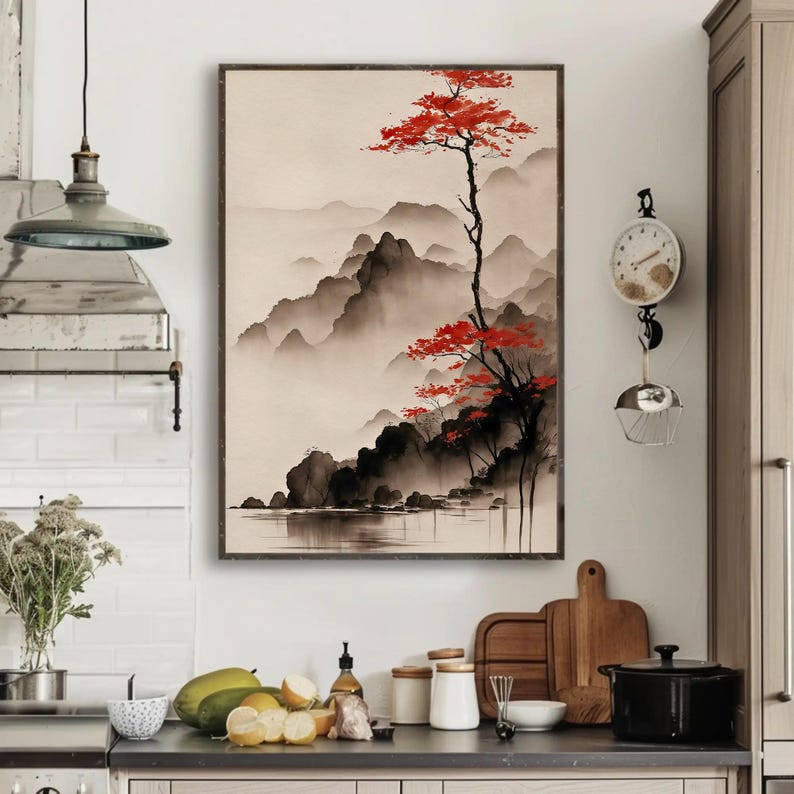 Vertical ink wash landscape canvas print with misty mountains, calm lake, and red autumn tree minimalist neutral wall art for modern Zen decor.