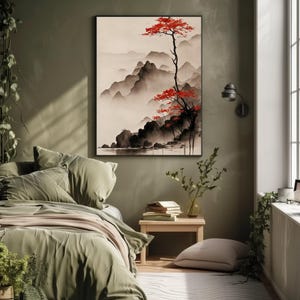 Vertical ink wash landscape canvas print with misty mountains, calm lake, and red autumn tree minimalist neutral wall art for modern Zen decor.