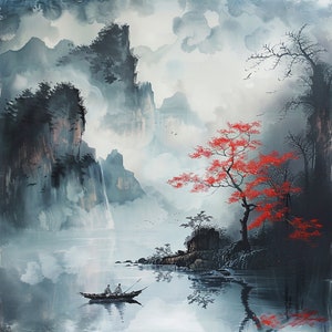 Arte cinese d'epoca con inchiostro, arte asiatica, arte con inchiostro smorzato, arte paesaggistica asiatica, decorazioni, stampa digitale, arte digitale