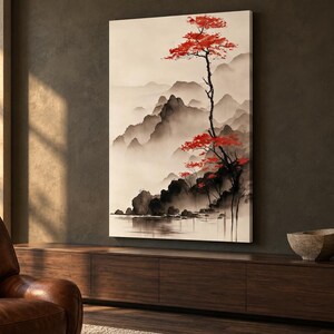 Vertical Japanese Landscape Canvas Print, Red Tree and Misty Mountains, Ink Wash Style Wall Art, Zen Japandi Decor 1000 image 4