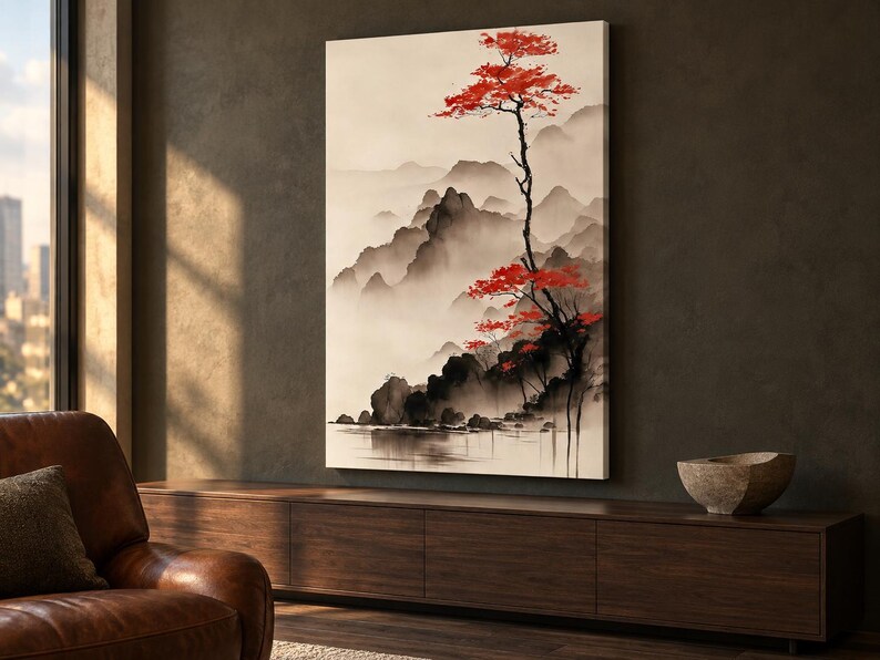 Vertical Japanese Landscape Canvas Print, Red Tree and Misty Mountains, Ink Wash Style Wall Art, Zen Japandi Decor 1000 image 4