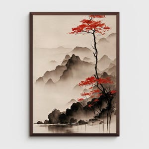 Vertical ink wash landscape canvas print with misty mountains, calm lake, and red autumn tree minimalist neutral wall art for modern Zen decor.