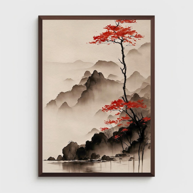 Vertical ink wash landscape canvas print with misty mountains, calm lake, and red autumn tree minimalist neutral wall art for modern Zen decor.