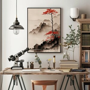 Vertical ink wash landscape canvas print with misty mountains, calm lake, and red autumn tree minimalist neutral wall art for modern Zen decor.