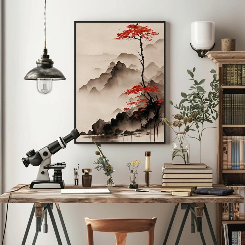 Vertical ink wash landscape canvas print with misty mountains, calm lake, and red autumn tree minimalist neutral wall art for modern Zen decor.