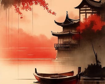 Japanese Style Wall Art, Oriental Seascape Canvas Print, Zen Pagoda Garden Decor, Red Sun Landscape Art, Traditional Asian Painting 1712
