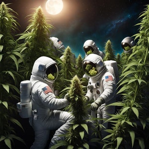 Astronauta en una plantación de marihuana, Fantasía comunitaria de gravedad cero, Fondo de pantalla: Astronauta en un mundo de ensueño, Marte, Luna, Plantación en Marte