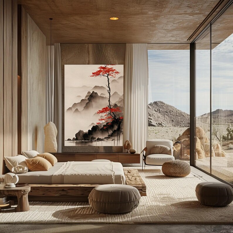 Vertical ink wash landscape canvas print with misty mountains, calm lake, and red autumn tree minimalist neutral wall art for modern Zen decor.