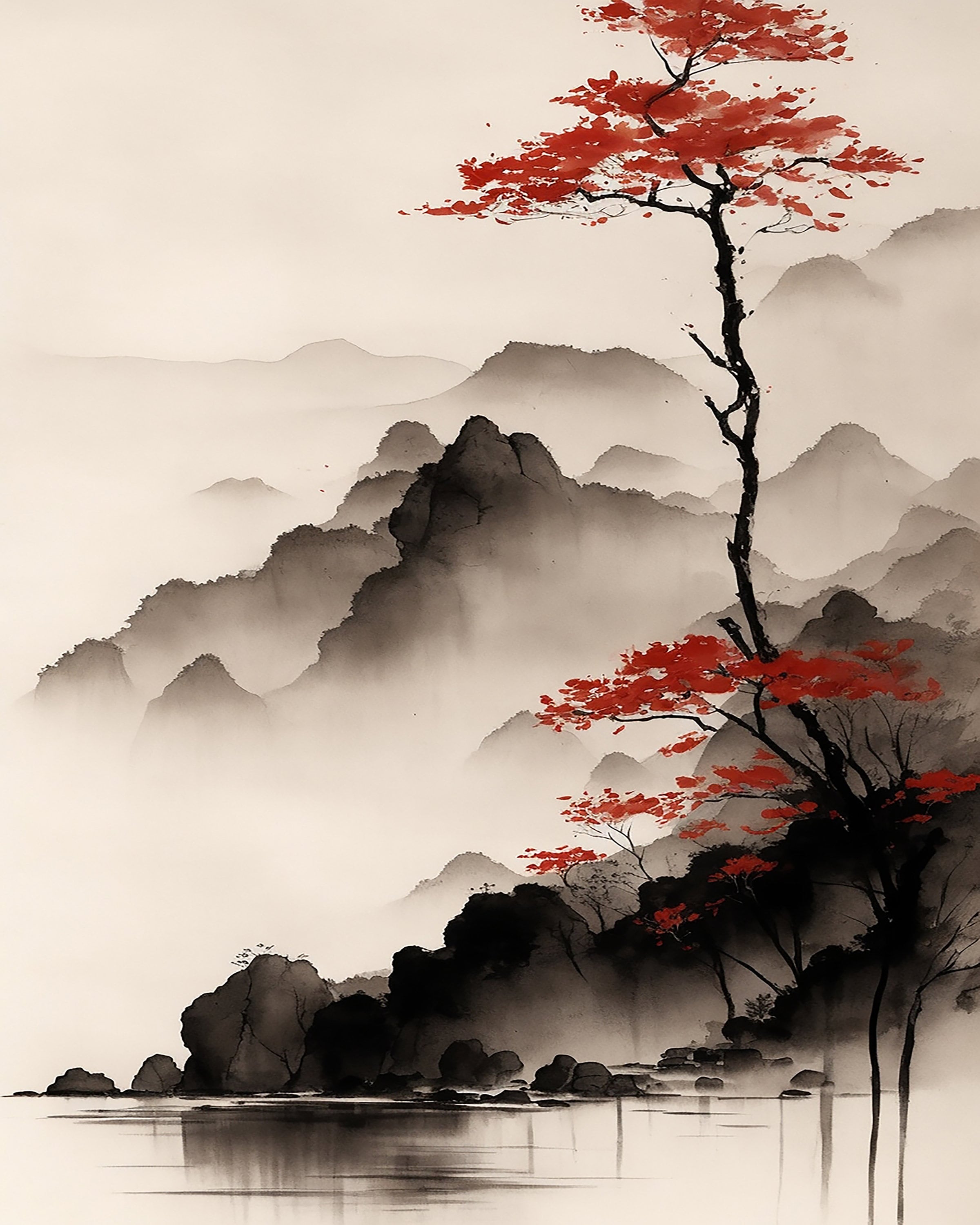 Vintage Chinese Ink Art, Asian Ink, Muted Ink Art, Asian Landscape Art, Decor, DigitalPrint, Digital Art