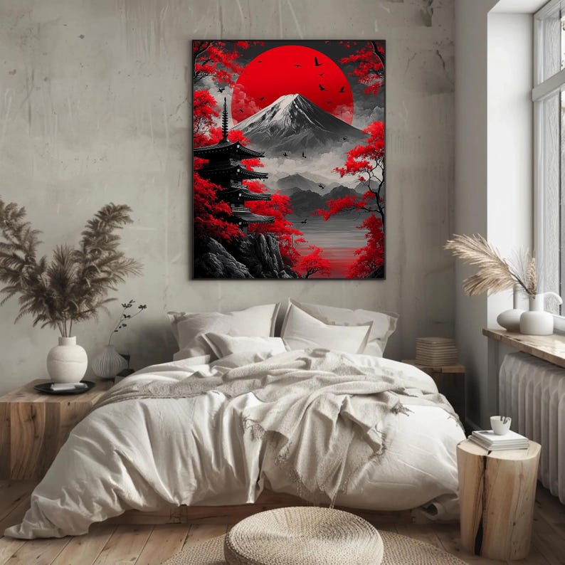 Japanese Wall Art Canvas, Mount Fuji Red Sun Print, Pagoda Landscape ...