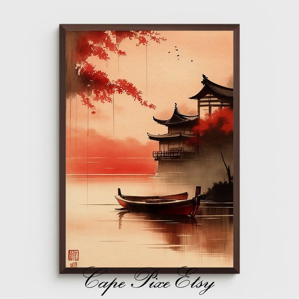 Asian Art, Vintage Asian Landscape, Asian Village, Lake Landscape with old temple and trees, Decor, Digital Printart