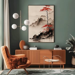Vertical ink wash landscape canvas print with misty mountains, calm lake, and red autumn tree minimalist neutral wall art for modern Zen decor.