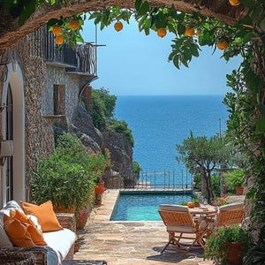 Canvas Wall Art, Italian Coastal Orange Tree Summer Decor, Mediterranean Terrace, Lemon Sea View Poster 1841