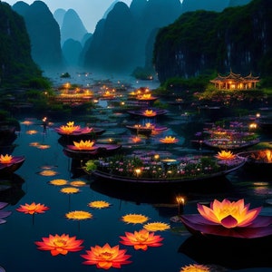 Vintage, Night, Pond with Lotus Flowers with Flame Torch lights on Lake Landscape Oil Paint, Rustic Wall Decor, DIGITAL PRINTABLE Art