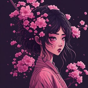 Japanese Girl, Cherry blossom, retro Asian art, Asian, Woman Portrait, Surreal Art, Decor, Digital Print, Digital Art